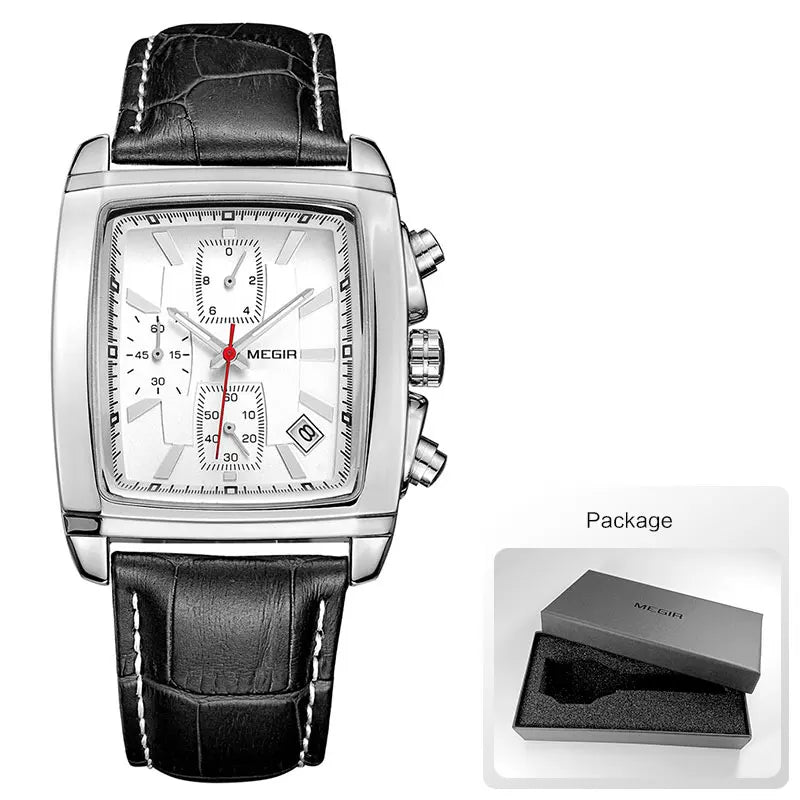 MEGIR 2 Men's Chronograph Quartz Watch – Rectangle Dial with Leather Strap for Everyday Elegance