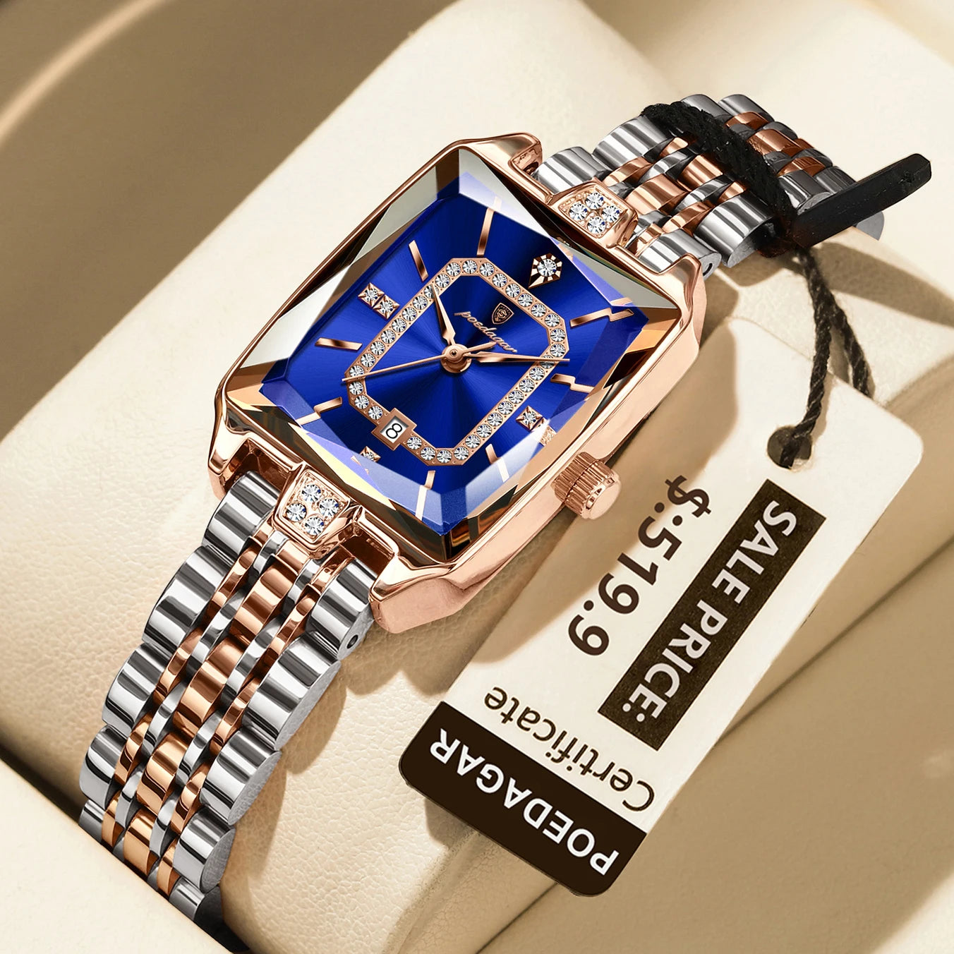 POEDAGAR Elegant Rectangle Women’s Quartz Watch – Waterproof Stainless Steel with Calendar Display