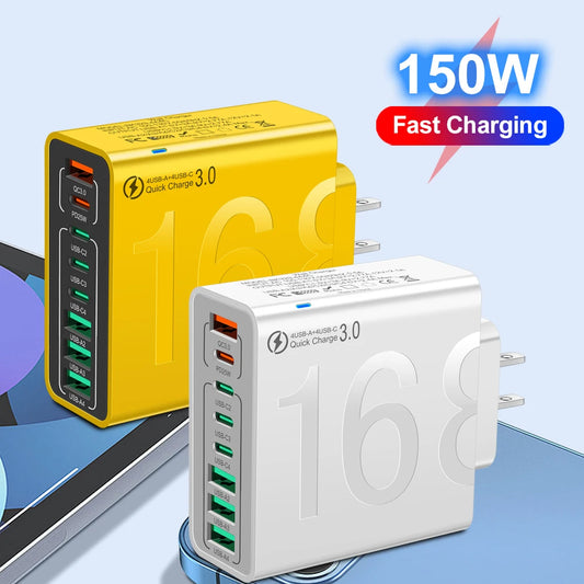 150W 8-Port Fast Charging Wall Charger – USB-C & USB-A Travel Adapter with QC3.0 for iPhone, Samsung, Xiaomi, Huawei – EU/US/KR Plug