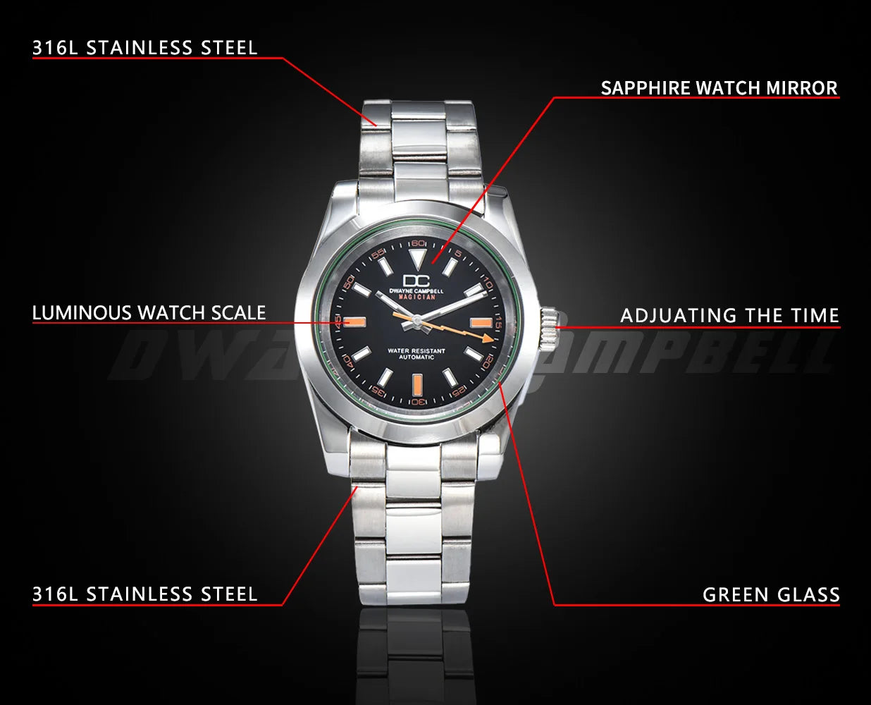 39mm Stainless Steel Watch Case with Sapphire Glass – Compatible with NH35 Movement | Green Luminous | Custom Logo Options
