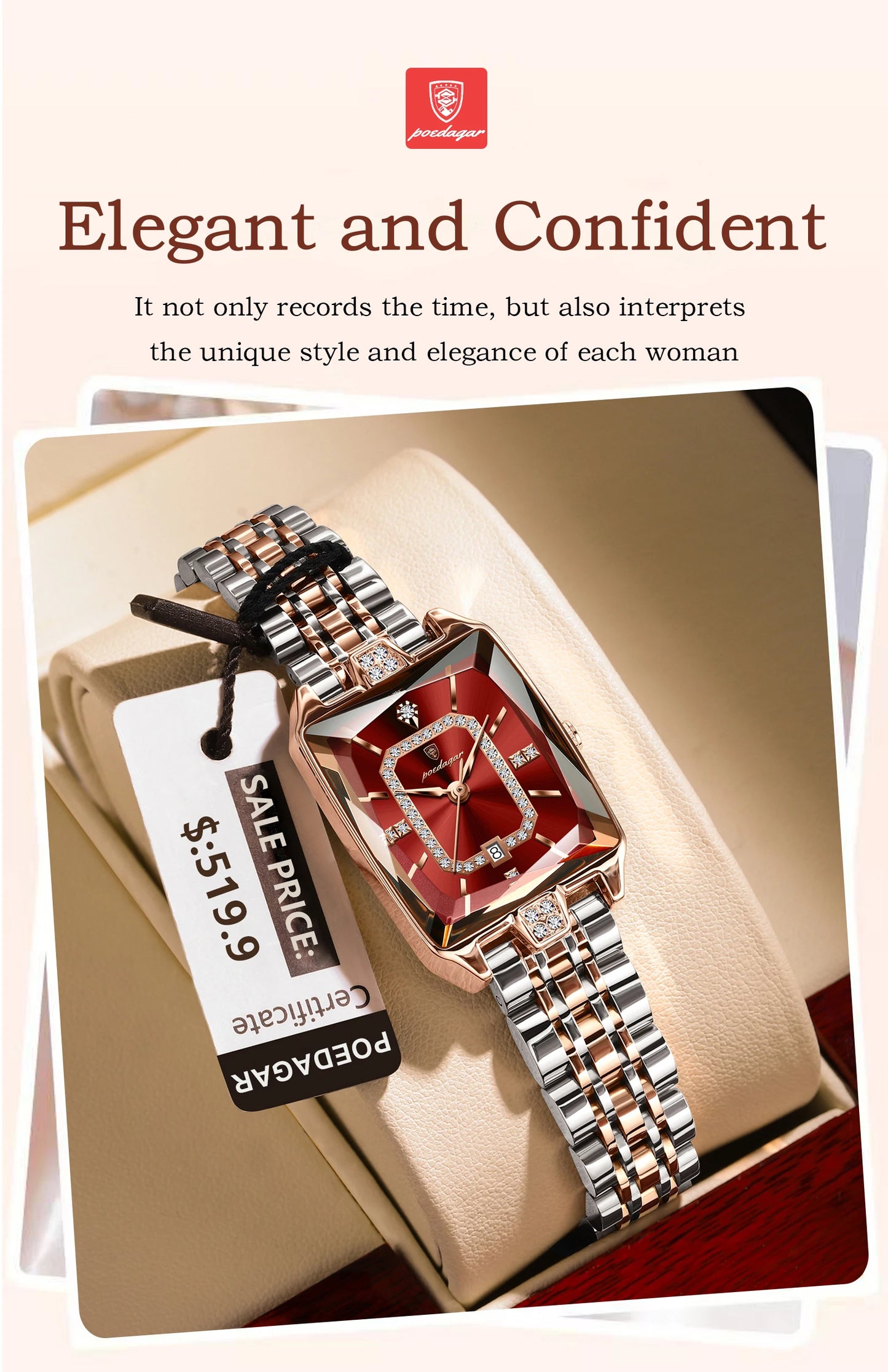 POEDAGAR Elegant Rectangle Women’s Quartz Watch – Waterproof Stainless Steel with Calendar Display