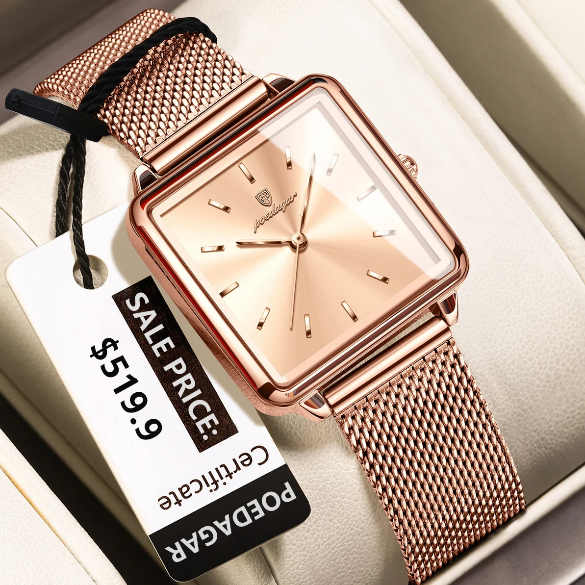 POEDAGAR Fashion Square Ladies Watch – Elegant Waterproof Stainless Steel Quartz Timepiece