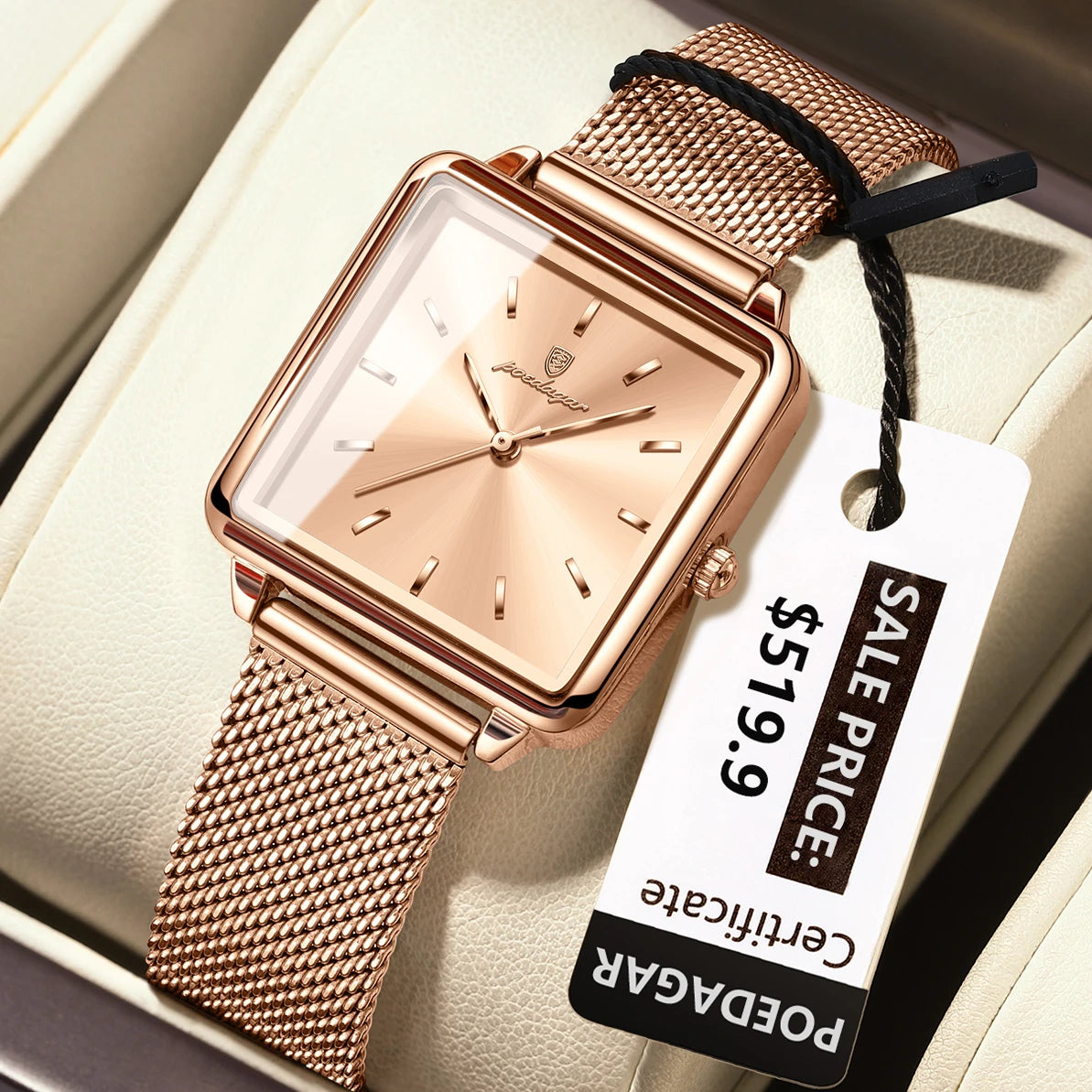 POEDAGAR Fashion Square Ladies Watch – Elegant Waterproof Stainless Steel Quartz Timepiece
