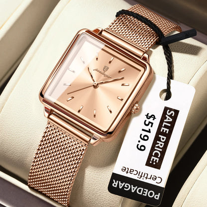 POEDAGAR Fashion Square Ladies Watch – Elegant Waterproof Stainless Steel Quartz Timepiece