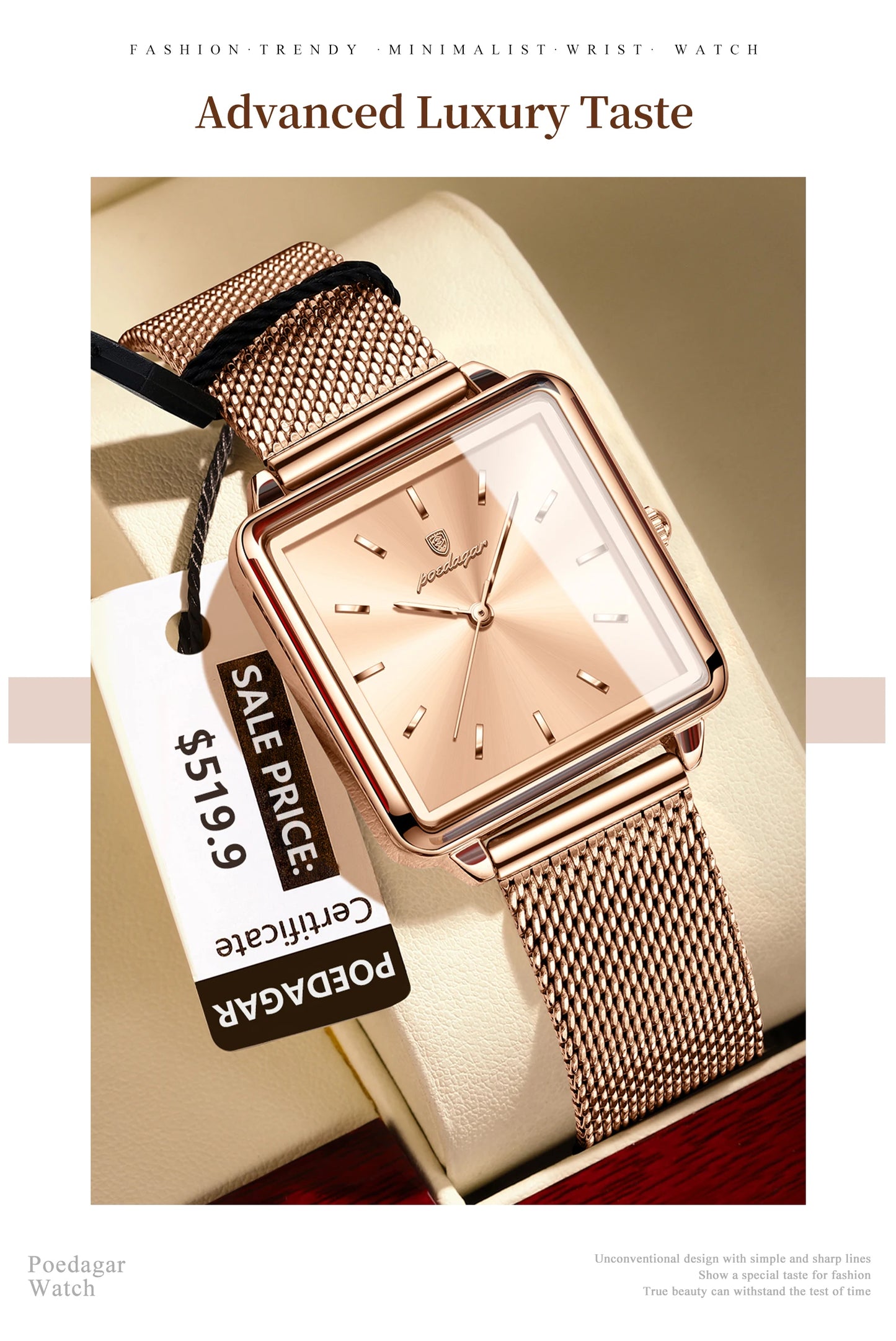 POEDAGAR Fashion Square Ladies Watch – Elegant Waterproof Stainless Steel Quartz Timepiece