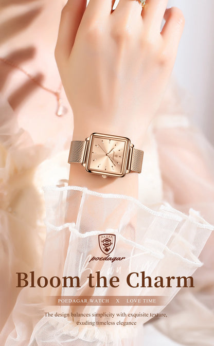POEDAGAR Fashion Square Ladies Watch – Elegant Waterproof Stainless Steel Quartz Timepiece