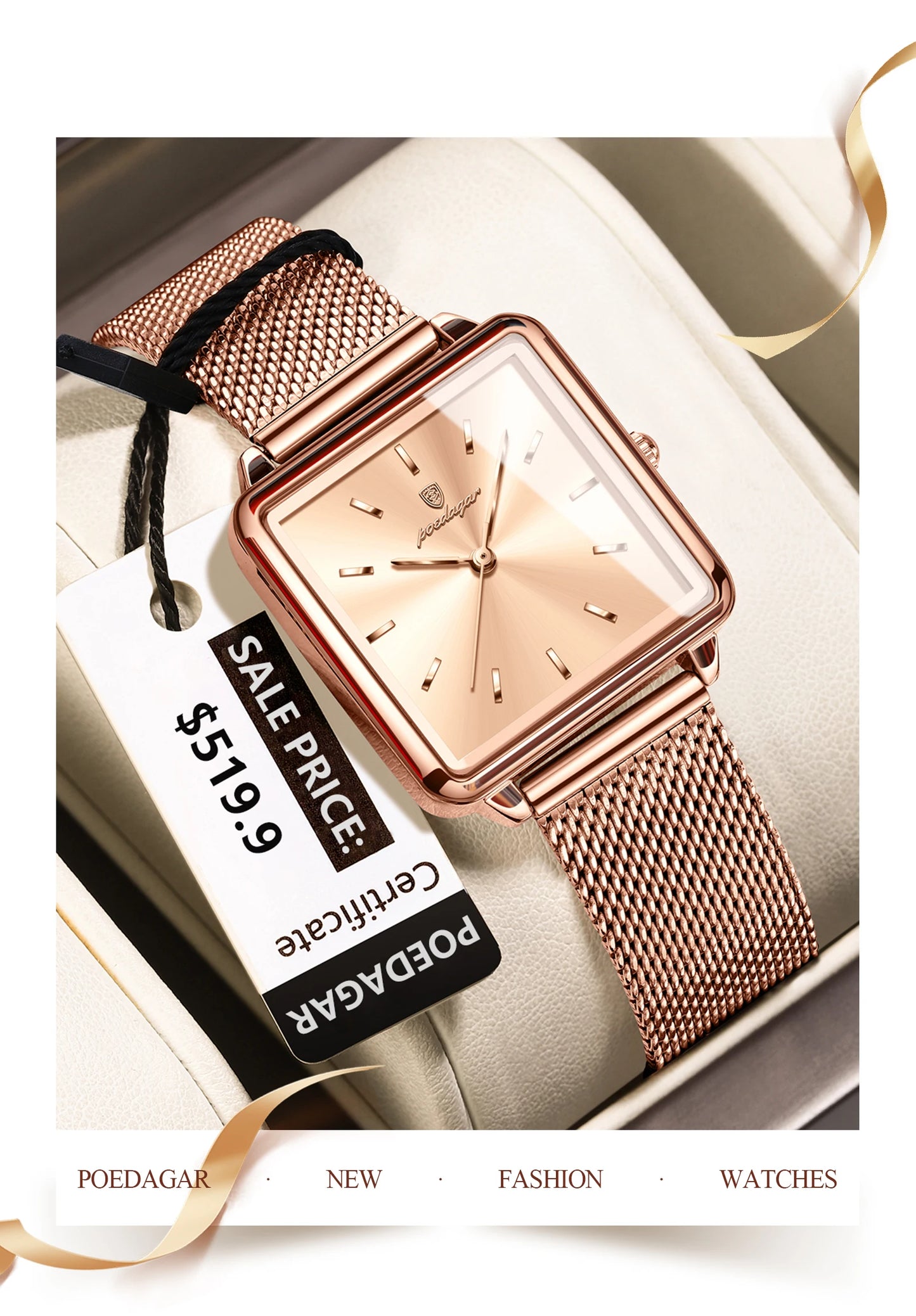 POEDAGAR Fashion Square Ladies Watch – Elegant Waterproof Stainless Steel Quartz Timepiece