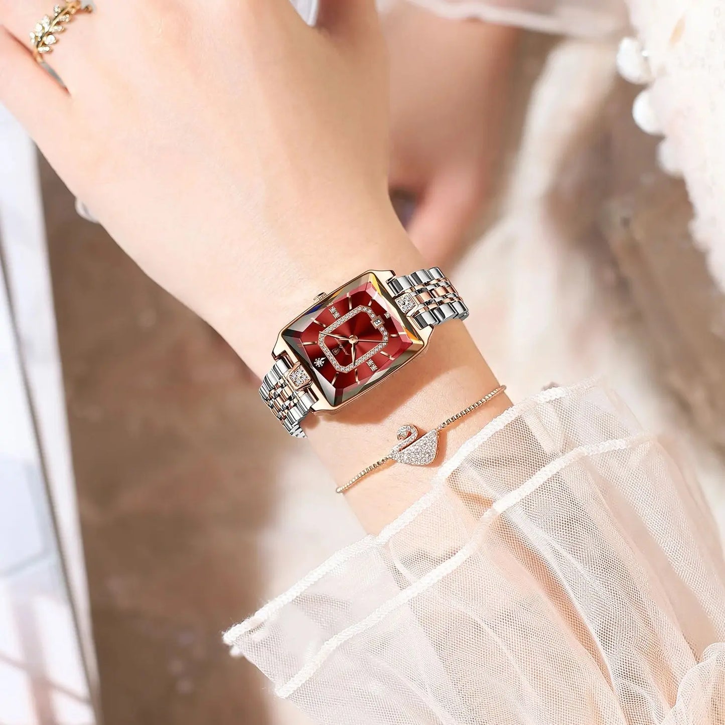 POEDAGAR Elegant Rectangle Women’s Quartz Watch – Waterproof Stainless Steel with Calendar Display