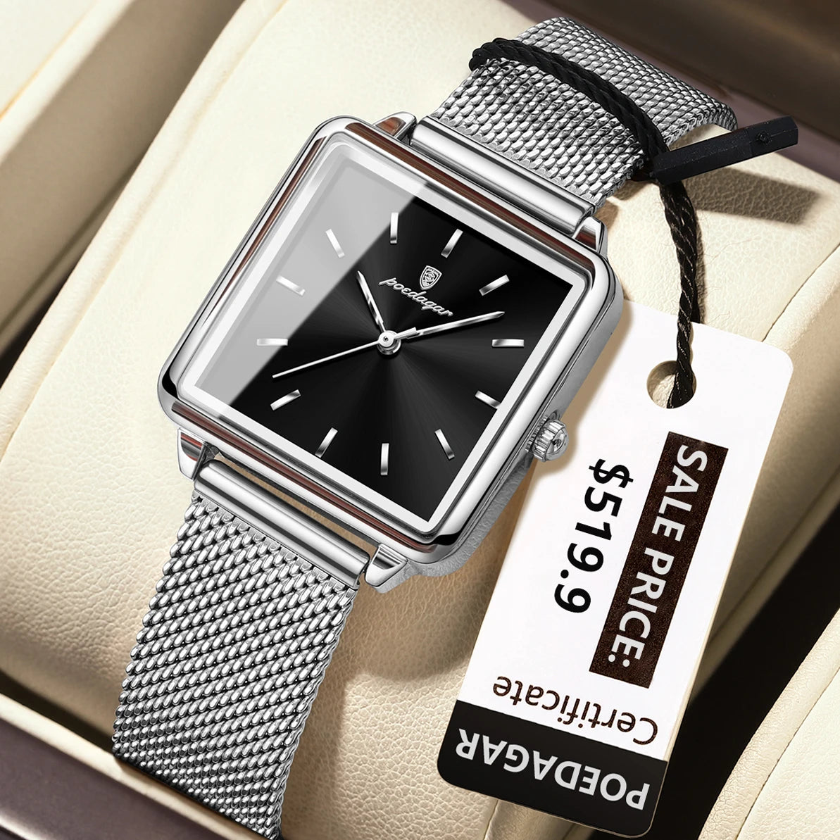 POEDAGAR Fashion Square Ladies Watch – Elegant Waterproof Stainless Steel Quartz Timepiece