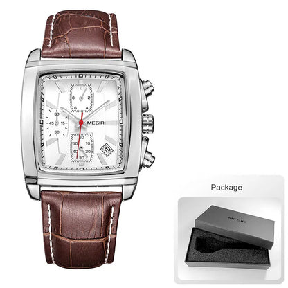 MEGIR 2 Men's Chronograph Quartz Watch – Rectangle Dial with Leather Strap for Everyday Elegance
