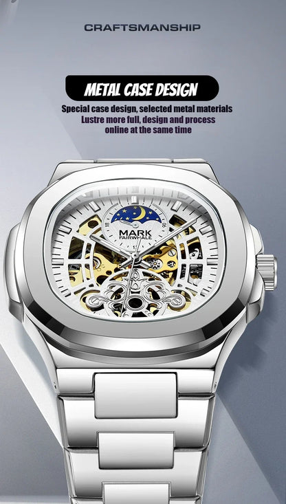 MARK FAIRWHALE Tourbillon Skeleton Automatic Watch – Luxury Business Timepiece with Moon Phase Display