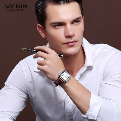 MEGIR 2 Men's Chronograph Quartz Watch – Rectangle Dial with Leather Strap for Everyday Elegance