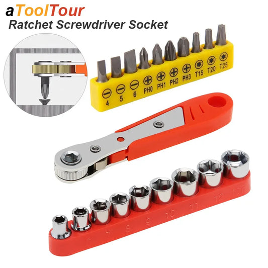 Right Angle Mini Ratchet Screwdriver Set – 1/4" Hex Drive, Magnetic Bit Holder