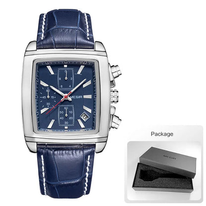 MEGIR 2 Men's Chronograph Quartz Watch – Rectangle Dial with Leather Strap for Everyday Elegance