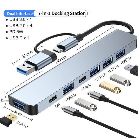 7-in-1 USB C Hub – Aluminum USB Splitter with USB 3.0, 4× USB 2.0, and 2× USB-C Ports – Compact USB Extender for Laptops & Devices
