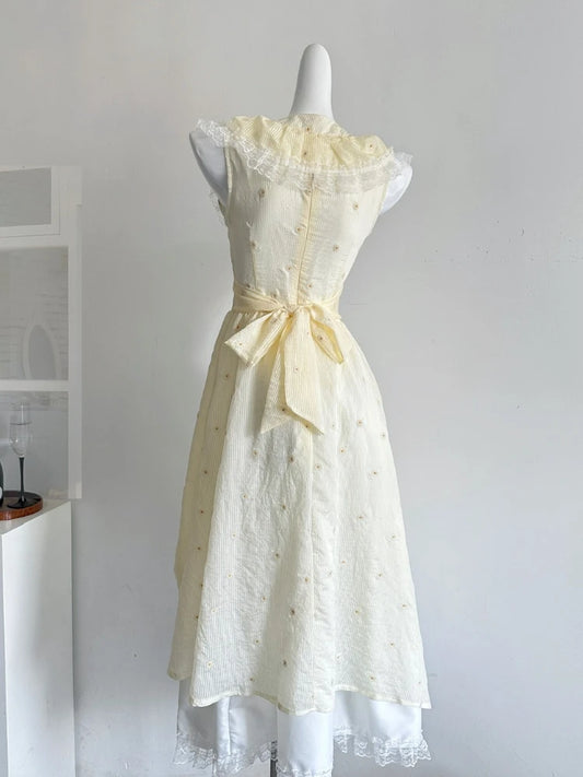 2025 Women's Elegant Yellow Summer Dress – V-Neck, Lace Ruffles, Daisy Print, Drawstring Waist, Long Casual Party Wear