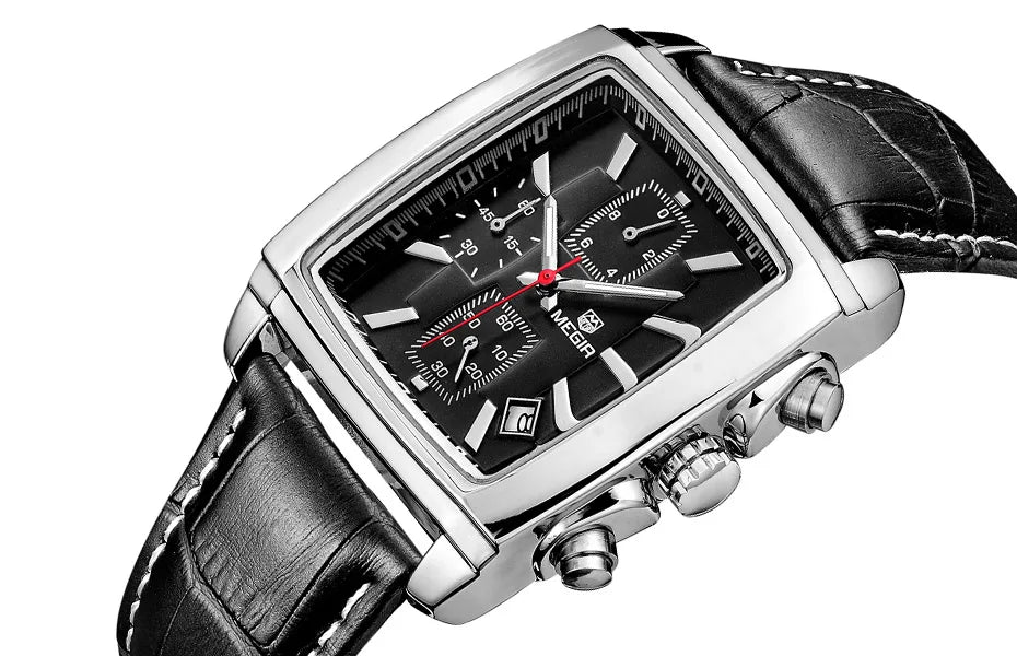 MEGIR 2 Men's Chronograph Quartz Watch – Rectangle Dial with Leather Strap for Everyday Elegance