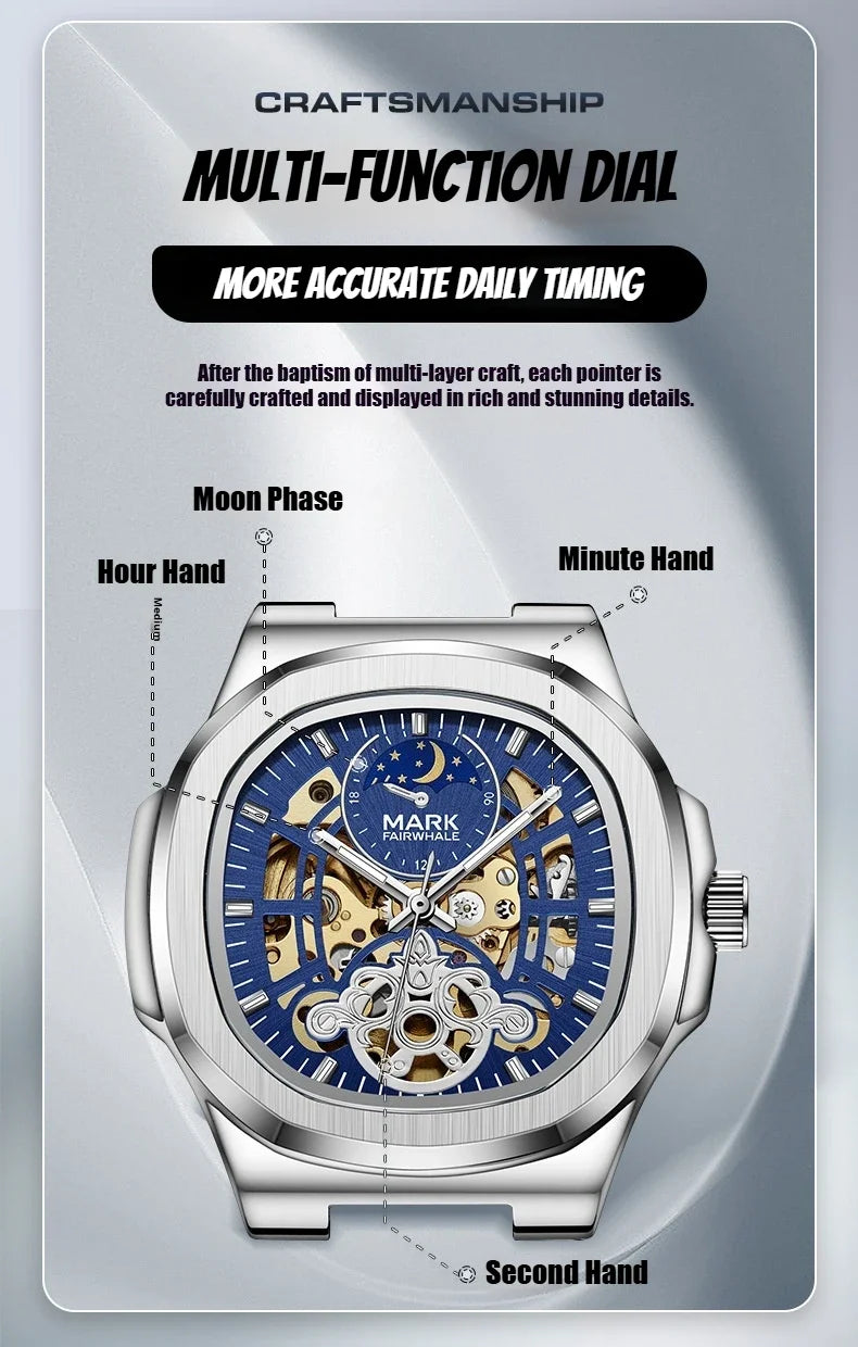 MARK FAIRWHALE Tourbillon Skeleton Automatic Watch – Luxury Business Timepiece with Moon Phase Display