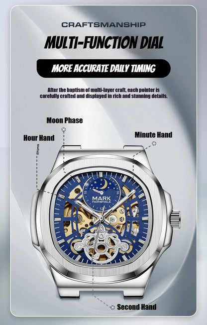 MARK FAIRWHALE Tourbillon Skeleton Automatic Watch – Luxury Business Timepiece with Moon Phase Display