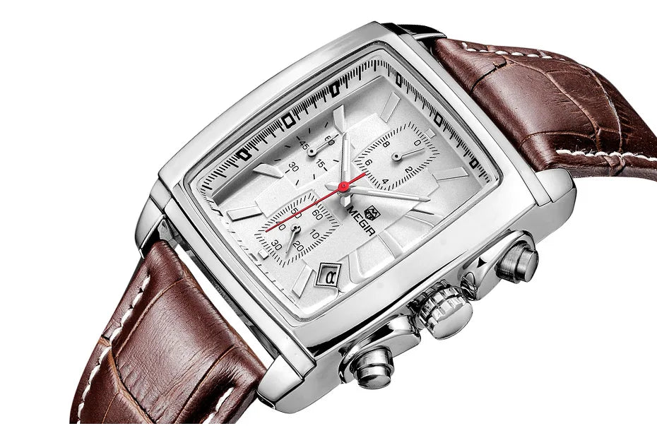 MEGIR 2 Men's Chronograph Quartz Watch – Rectangle Dial with Leather Strap for Everyday Elegance