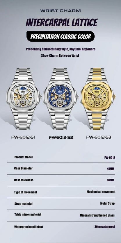 MARK FAIRWHALE Tourbillon Skeleton Automatic Watch – Luxury Business Timepiece with Moon Phase Display