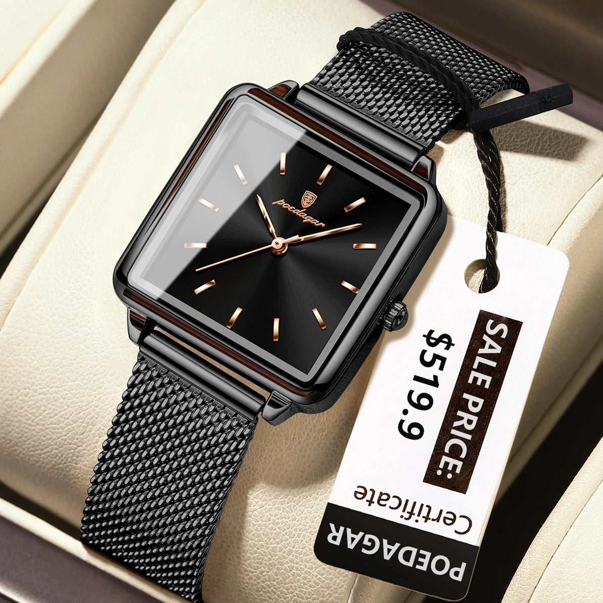 POEDAGAR Fashion Square Ladies Watch – Elegant Waterproof Stainless Steel Quartz Timepiece