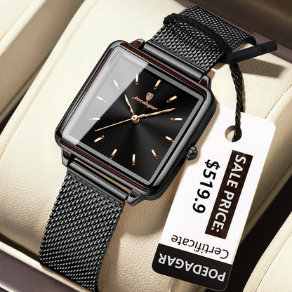 POEDAGAR Fashion Square Ladies Watch – Elegant Waterproof Stainless Steel Quartz Timepiece