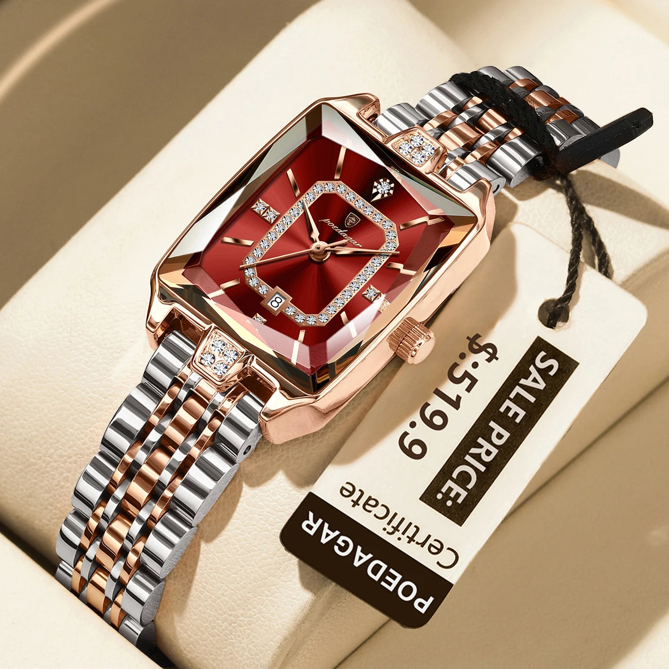 POEDAGAR Elegant Rectangle Women’s Quartz Watch – Waterproof Stainless Steel with Calendar Display