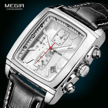 MEGIR 2 Men's Chronograph Quartz Watch – Rectangle Dial with Leather Strap for Everyday Elegance