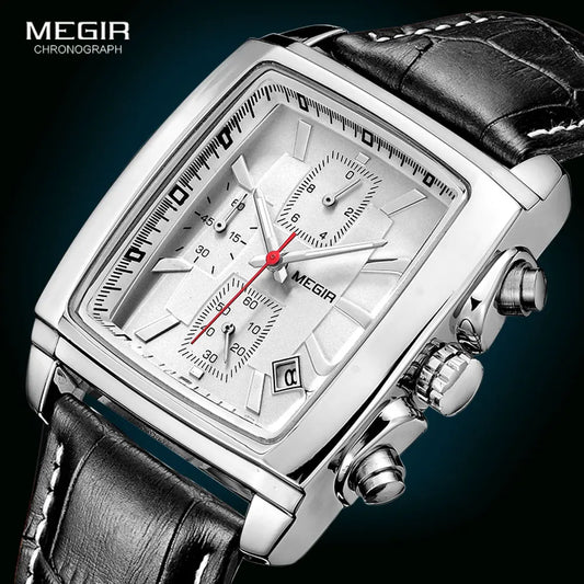 MEGIR 2 Men's Chronograph Quartz Watch – Rectangle Dial with Leather Strap for Everyday Elegance