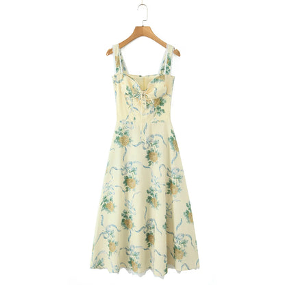 Women's Sexy Yellow Floral Midi Dress – Ruched Bow Front, Spaghetti Straps, Low Waist, Lace Lined Swing Skirt for Summer