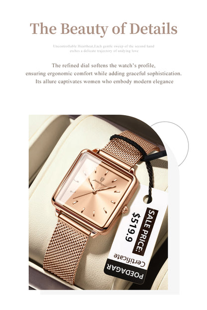 POEDAGAR Fashion Square Ladies Watch – Elegant Waterproof Stainless Steel Quartz Timepiece