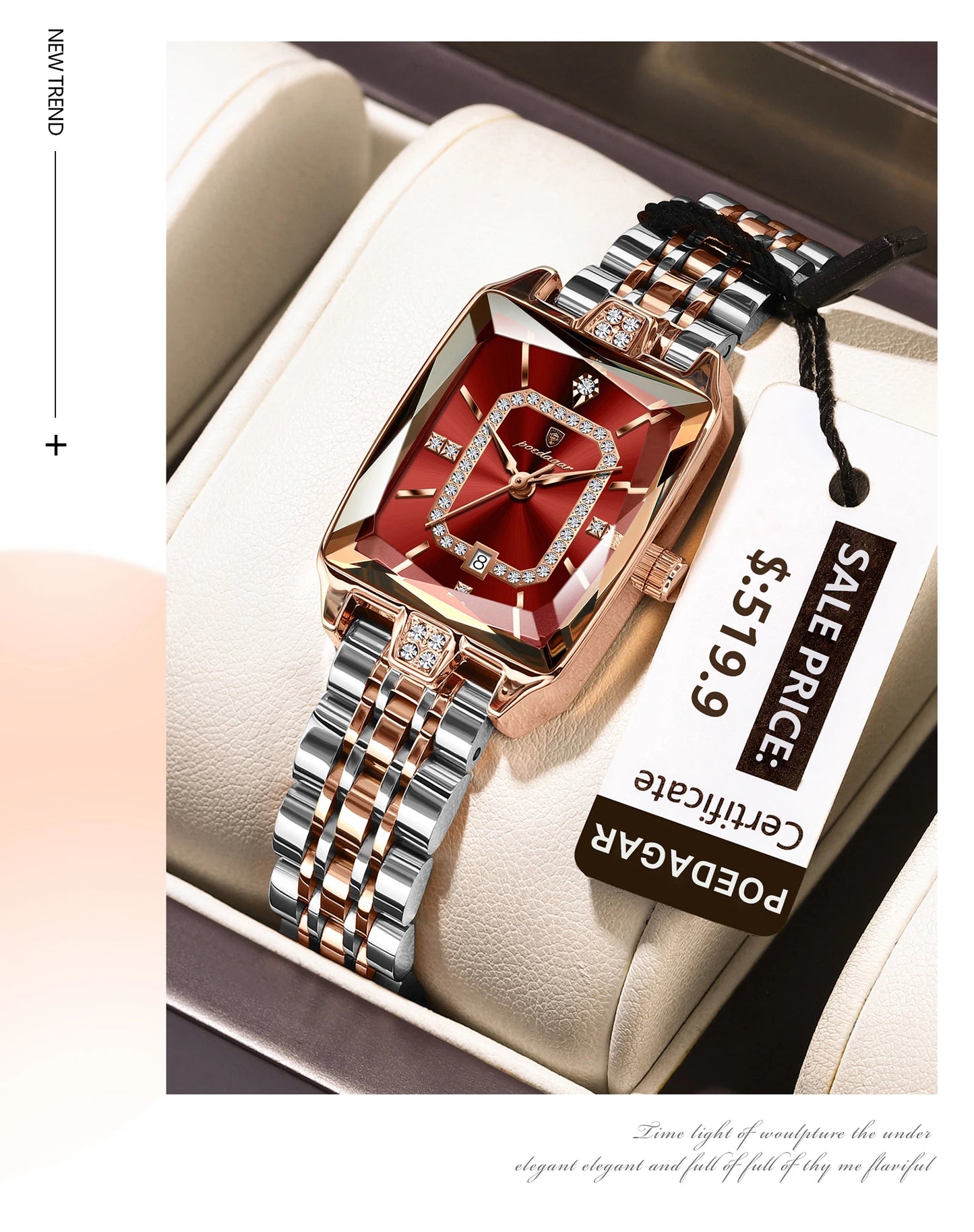 POEDAGAR Elegant Rectangle Women’s Quartz Watch – Waterproof Stainless Steel with Calendar Display