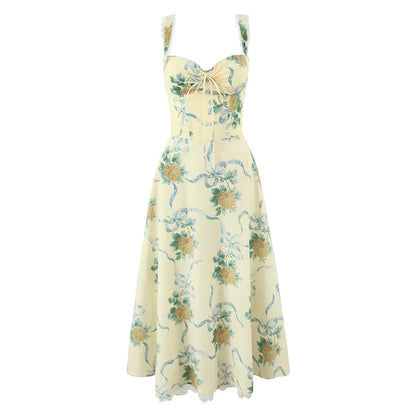 Women's Sexy Yellow Floral Midi Dress – Ruched Bow Front, Spaghetti Straps, Low Waist, Lace Lined Swing Skirt for Summer