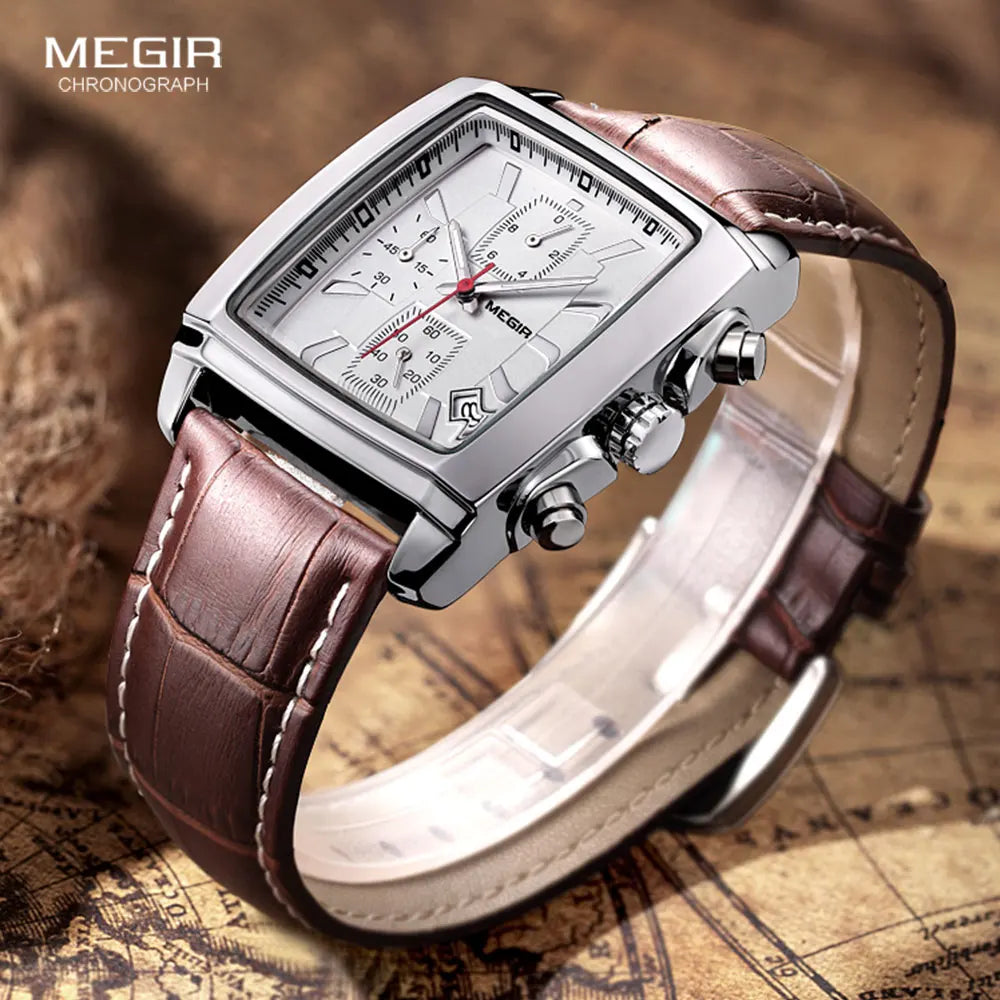 MEGIR 2 Men's Chronograph Quartz Watch – Rectangle Dial with Leather Strap for Everyday Elegance