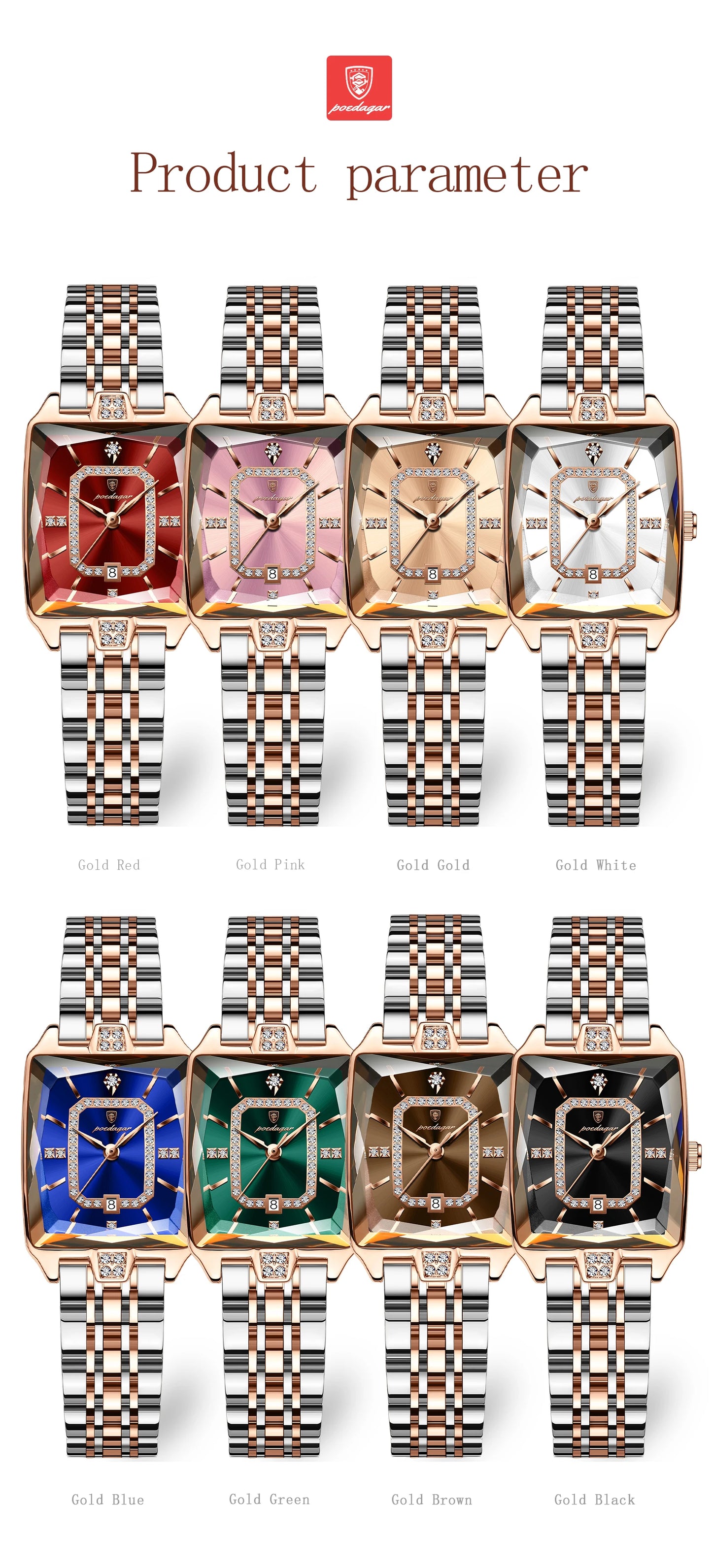 POEDAGAR Elegant Rectangle Women’s Quartz Watch – Waterproof Stainless Steel with Calendar Display