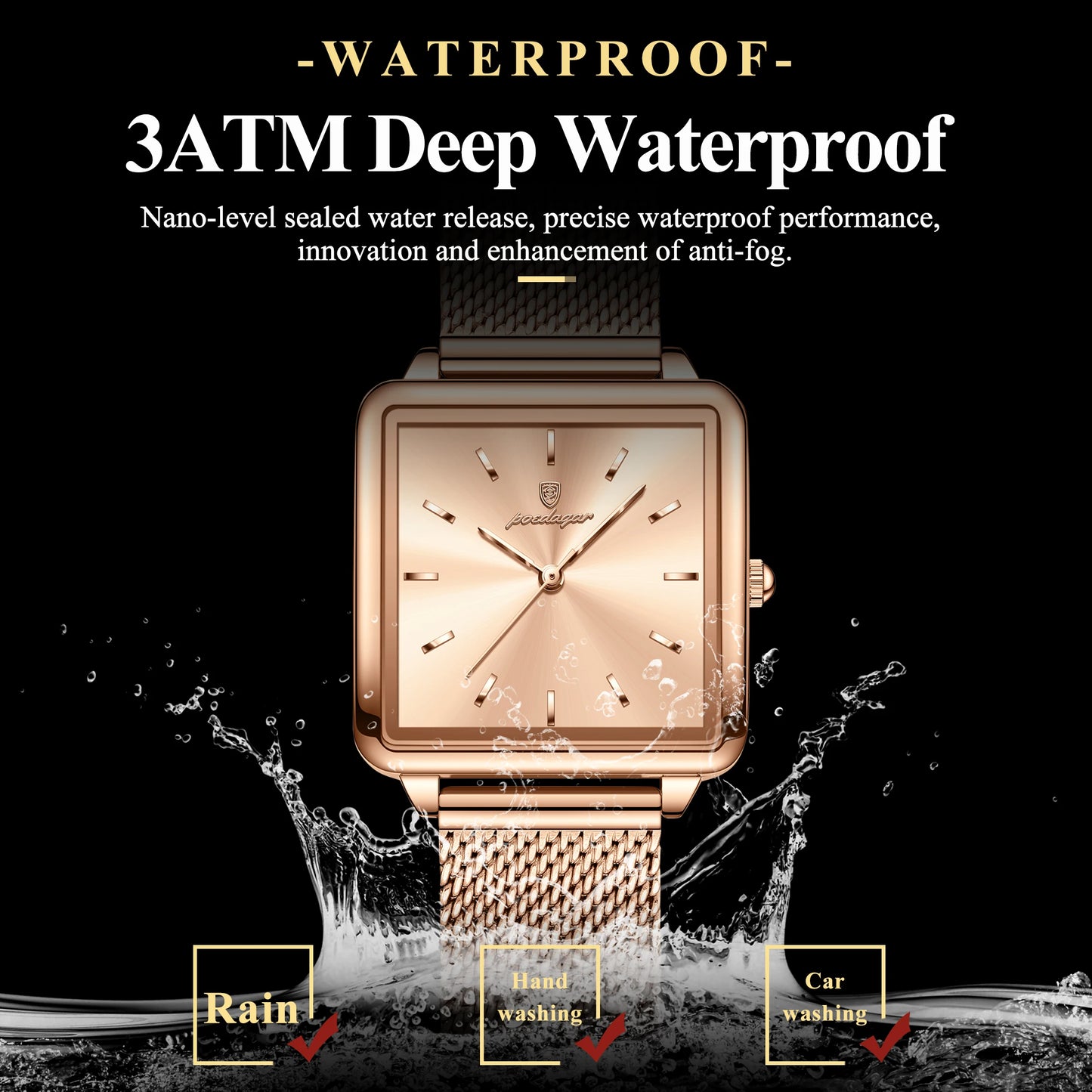 POEDAGAR Fashion Square Ladies Watch – Elegant Waterproof Stainless Steel Quartz Timepiece