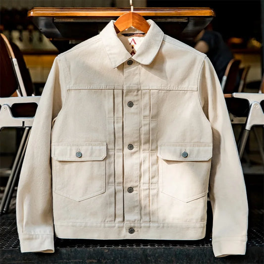 "Maden Vintage White Denim Jacket for Men – Retro Cotton Slim Fit Streetwear Coat, High-Quality Fashion Outerwear"