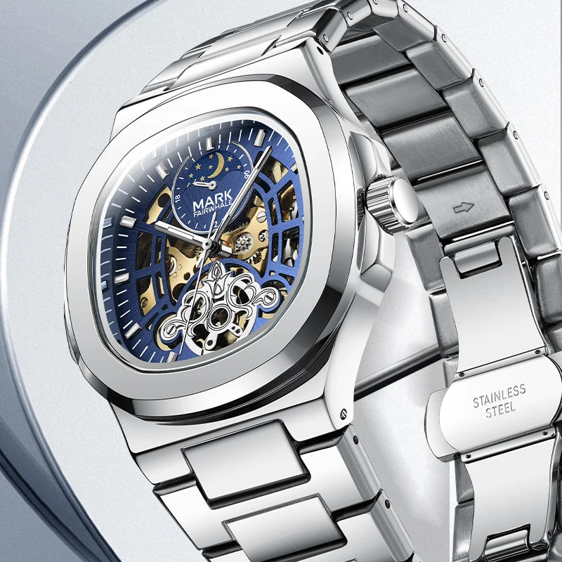 MARK FAIRWHALE Tourbillon Skeleton Automatic Watch – Luxury Business Timepiece with Moon Phase Display