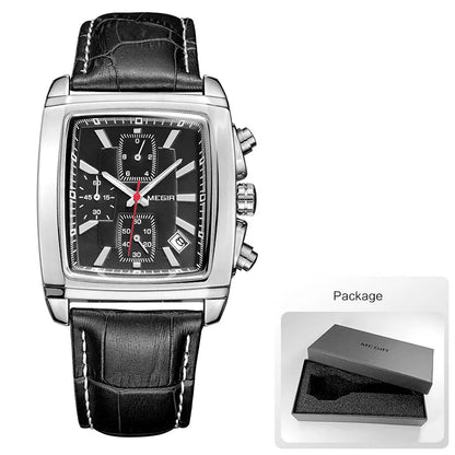 MEGIR 2 Men's Chronograph Quartz Watch – Rectangle Dial with Leather Strap for Everyday Elegance