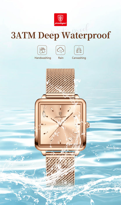 POEDAGAR Fashion Square Ladies Watch – Elegant Waterproof Stainless Steel Quartz Timepiece