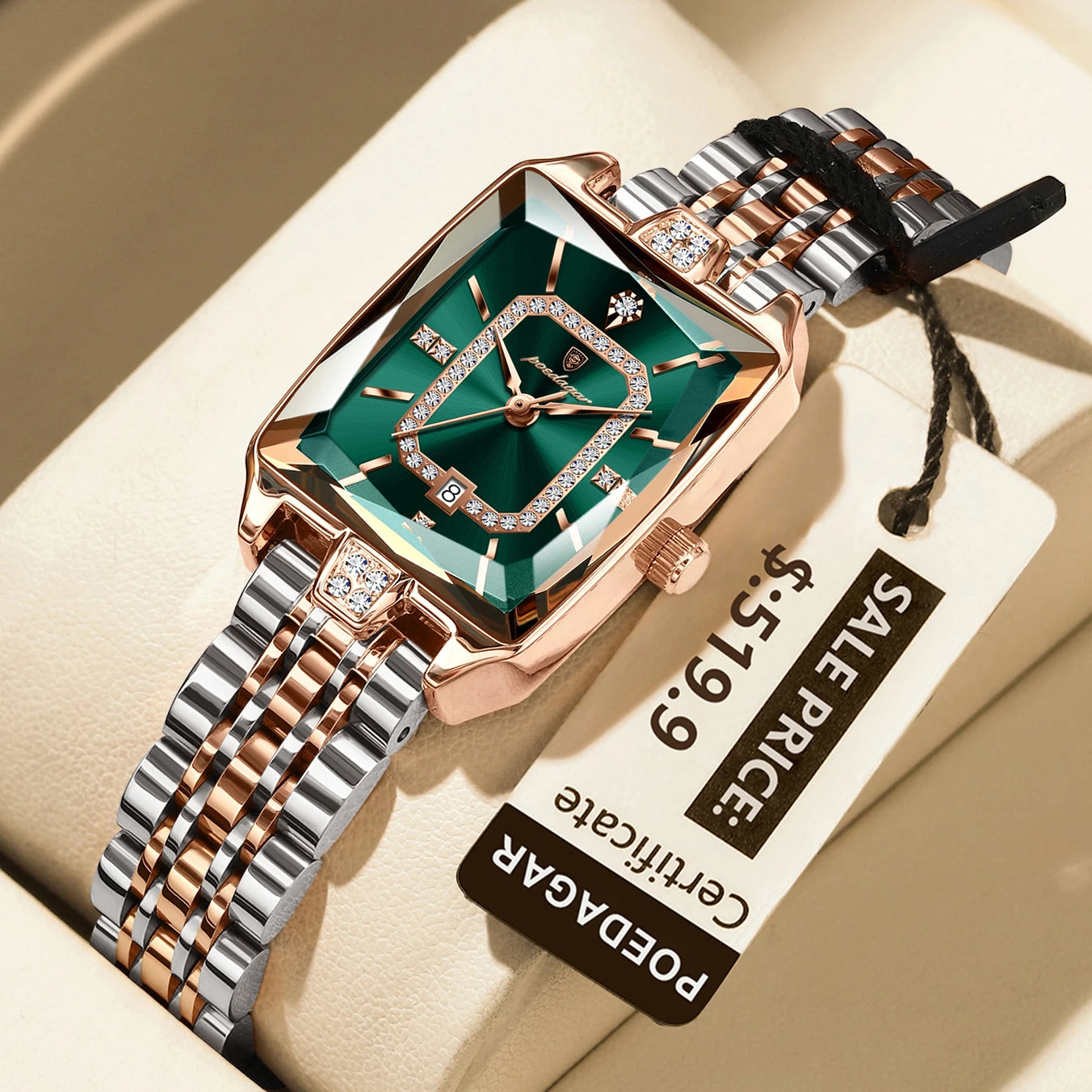 POEDAGAR Elegant Rectangle Women’s Quartz Watch – Waterproof Stainless Steel with Calendar Display