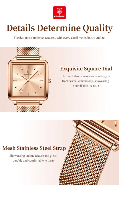 POEDAGAR Fashion Square Ladies Watch – Elegant Waterproof Stainless Steel Quartz Timepiece