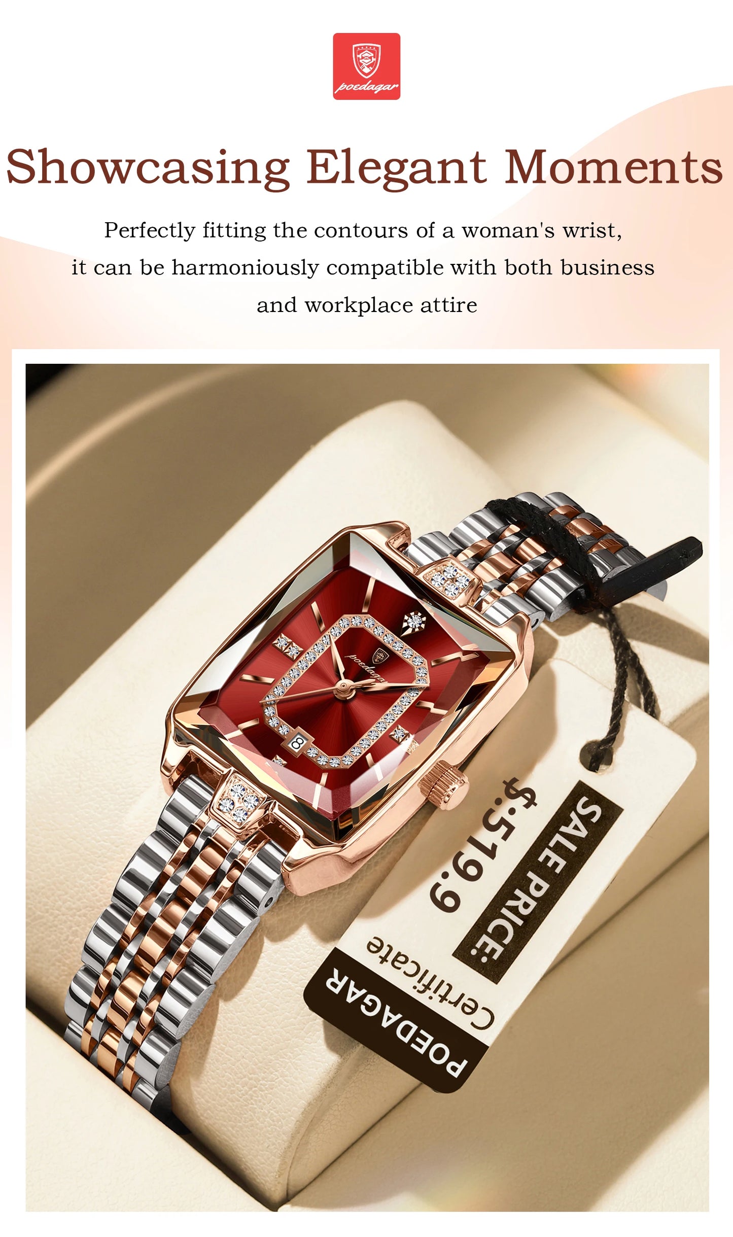 POEDAGAR Elegant Rectangle Women’s Quartz Watch – Waterproof Stainless Steel with Calendar Display
