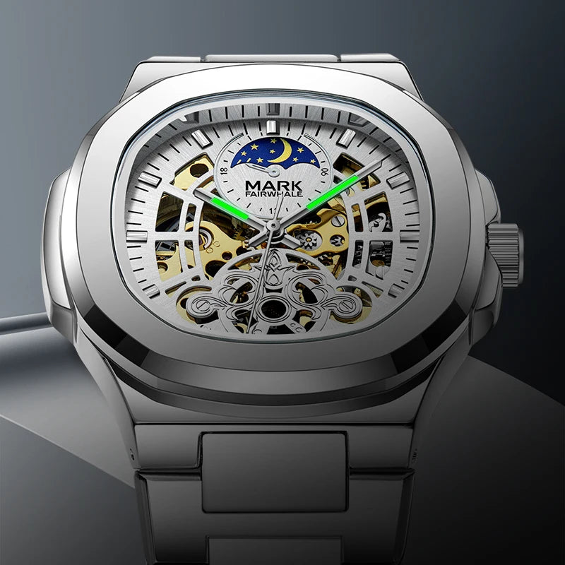 MARK FAIRWHALE Tourbillon Skeleton Automatic Watch – Luxury Business Timepiece with Moon Phase Display